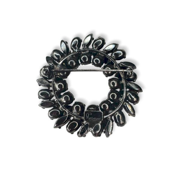 Sherman Signed Red AB Rhinestone Wreath Brooch 1.62" Japanned Holiday Vintage - Picture 3 of 14